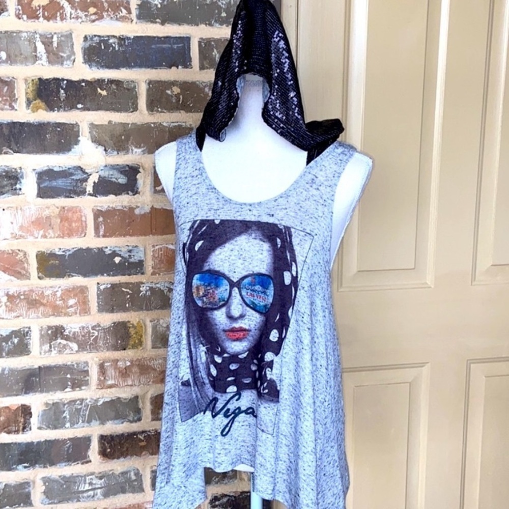 3/$20 Las VEGAS Graphic Sequin Hood Racerback Tank Top